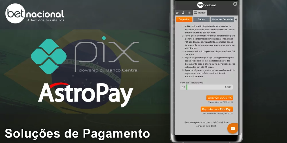 Métodos de pagamento no aplicativo Betnacional, incluindo o PIX